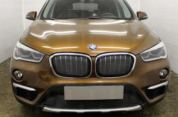 5 399 р. Защитная сетка радиатора в бампер Стрелка 11 Премиум (алюминий) BMW X1 F48 дорестайлинг (2015-2019) (Цвет: черный)  с доставкой в г. Керчь. Увеличить фотографию 2
