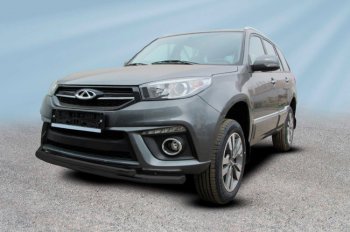 Защита переднего бампера Slitkoff (Ø 57+Ø 42) Chery Tiggo 3 (2014-2020) (Цвет: черный)