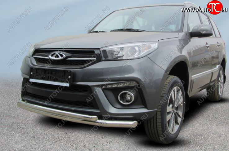 13 899 р. Защита переднего бампера Slitkoff (Ø 57 и 42 мм).  Chery Tiggo 3 (2014-2020) (Полированная нержавеющая сталь)  с доставкой в г. Керчь