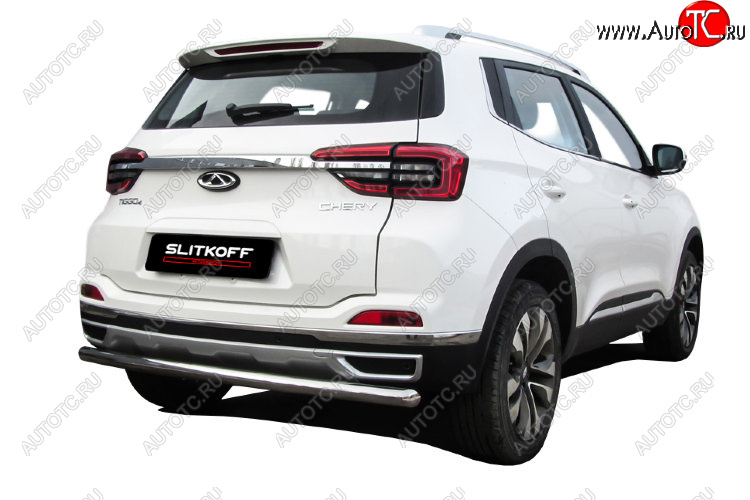 8 449 р. Защита заднего бампера Slitkoff (Ø 57 мм)  Chery Tiggo 4 (2018-2023) 1-ый рестайлинг (Полированная нержавейка)  с доставкой в г. Керчь