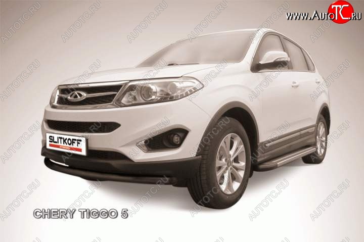 7 599 р. Защита переднего бампера d57 Slitkoff (радиусная)  Chery Tiggo 5  (T21) (2014-2017) дорестайлинг (Цвет: серебристый)  с доставкой в г. Керчь