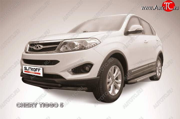 8 599 р. Защита переднего бампера Slitkoff (трубы, d57/d42) Chery Tiggo 5 (T21) дорестайлинг (2014-2017) (Цвет: серебристый)  с доставкой в г. Керчь