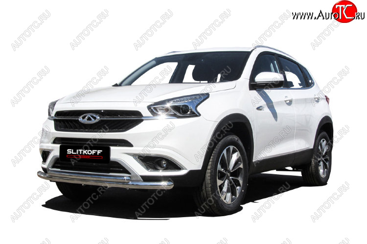 12 299 р. Защита переднего бампера Slitkoff (Ø 57+Ø 42).  Chery Tiggo 7 (2016-2020) (Полированная нержавейка)  с доставкой в г. Керчь