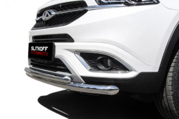 12 299 р. Защита переднего бампера Slitkoff (Ø 57+Ø 42).  Chery Tiggo 7 (2016-2020) (Полированная нержавейка)  с доставкой в г. Керчь. Увеличить фотографию 2