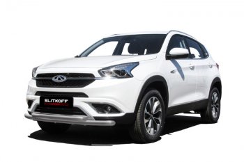 Защита переднего бампера  Slitkoff (Ø 57+Ø 42). Chery Tiggo 7 (2016-2020) (Цвет: серебристый)