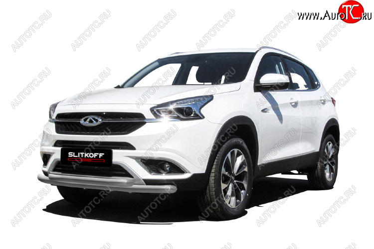 8 599 р. Защита переднего бампера  Slitkoff (Ø 57+Ø 42). Chery Tiggo 7 (2016-2020) (Цвет: серебристый)  с доставкой в г. Керчь