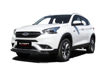 Защита переднего бампера Slitkoff (Ø 57+Ø 42). Chery Tiggo 7 (2016-2020) (Цвет: черный)