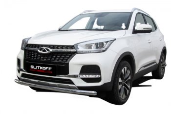 Защита переднего бампера Slitkoff (Ø 57 мм) Chery Tiggo 4 (2018-2023) 1-ый рестайлинг (Полированная нержавейка)