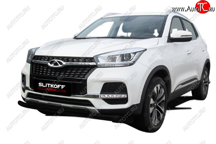 8 599 р. Защита переднего бампера Slitkoff (Ø 57+Ø 42)  Chery Tiggo 4 (2018-2023) 1-ый рестайлинг (Цвет: черный)  с доставкой в г. Керчь
