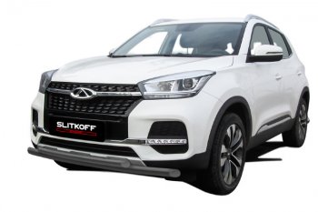 Защита переднего бампера Slitkoff (Ø 57+Ø 42) Chery Tiggo 4 (2018-2023) 1-ый рестайлинг (Цвет: серебристый)