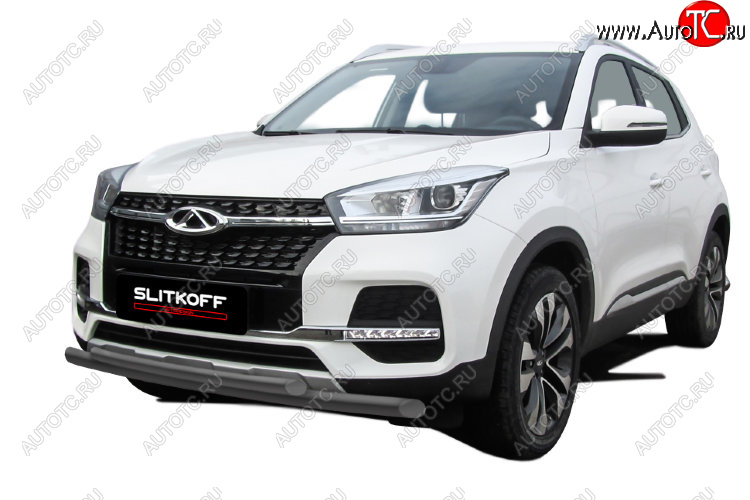 8 599 р. Защита переднего бампера Slitkoff (Ø 57+Ø 42)  Chery Tiggo 4 (2018-2023) 1-ый рестайлинг (Цвет: серебристый)  с доставкой в г. Керчь