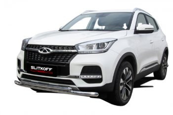 Защита переднего бампера Slitkoff (Ø 57+Ø 42). Chery Tiggo 4 (2018-2023) 1-ый рестайлинг (Полированная нержавейка)