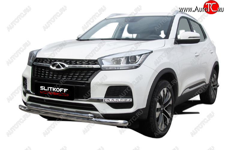 12 299 р. Защита переднего бампера Slitkoff (Ø 57+Ø 42).  Chery Tiggo 4 (2018-2023) 1-ый рестайлинг (Полированная нержавейка)  с доставкой в г. Керчь