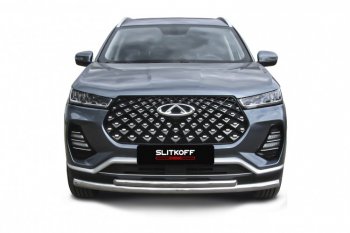 Защита переднего бампера Slitkoff (Ø 57+Ø 42 мм). Chery Tiggo 7 PRO - Tiggo 7 Pro Max  T1E (Нержавеющая сталь)