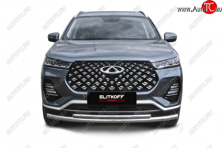 13 899 р. Защита переднего бампера Slitkoff (Ø 57+Ø 42 мм).  Chery Tiggo 7 PRO - Tiggo 7 Pro Max  T1E (Нержавеющая сталь)  с доставкой в г. Керчь