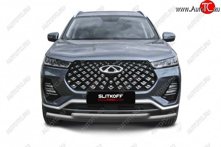 9 899 р. Защита переднего бампера Slitkoff (Ø 57+Ø 42 мм). Chery Tiggo 7 PRO (2019-2025) (Цвет: серебристый)  с доставкой в г. Керчь