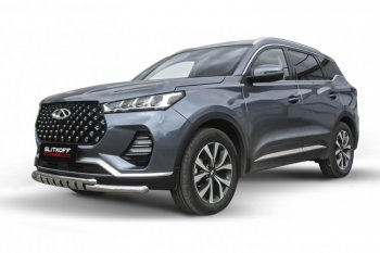 Защита переднего бампера Slitkoff (Ø 57+Ø 42 мм). Chery Tiggo 7 PRO - Tiggo 7 Pro Max  T1E (Нержавеющая сталь)