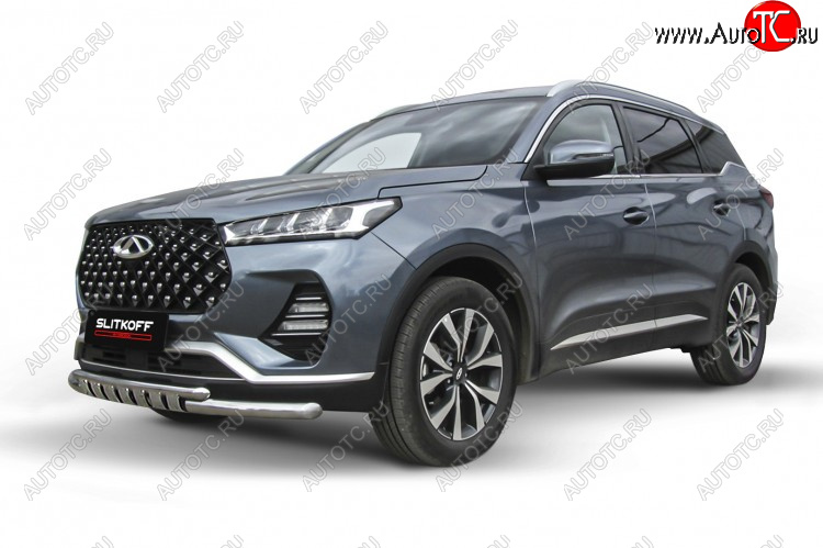 17 299 р. Защита переднего бампера Slitkoff (Ø 57+Ø 42 мм).  Chery Tiggo 7 PRO - Tiggo 7 Pro Max  T1E (Нержавеющая сталь)  с доставкой в г. Керчь