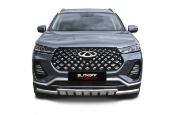 17 299 р. Защита переднего бампера Slitkoff (Ø 57+Ø 42 мм).  Chery Tiggo 7 PRO - Tiggo 7 Pro Max  T1E (Нержавеющая сталь)  с доставкой в г. Керчь. Увеличить фотографию 2