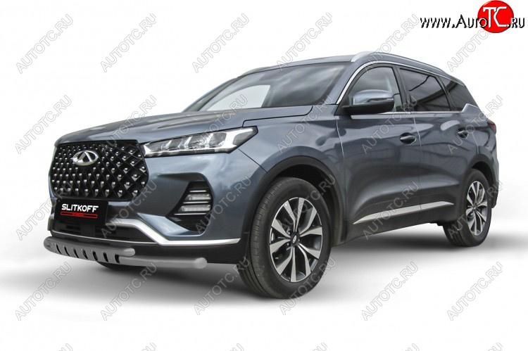 11 999 р. Защита переднего бампера Slitkoff (Ø 57+Ø 42 мм). Chery Tiggo 7 PRO (2019-2025) (Цвет: серебристый)  с доставкой в г. Керчь
