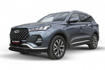 Защита переднего бампера Slitkoff (Ø 57+Ø 42 мм). Chery Tiggo 7 PRO - Tiggo 7 Pro Max  T1E (Цвет: черный)