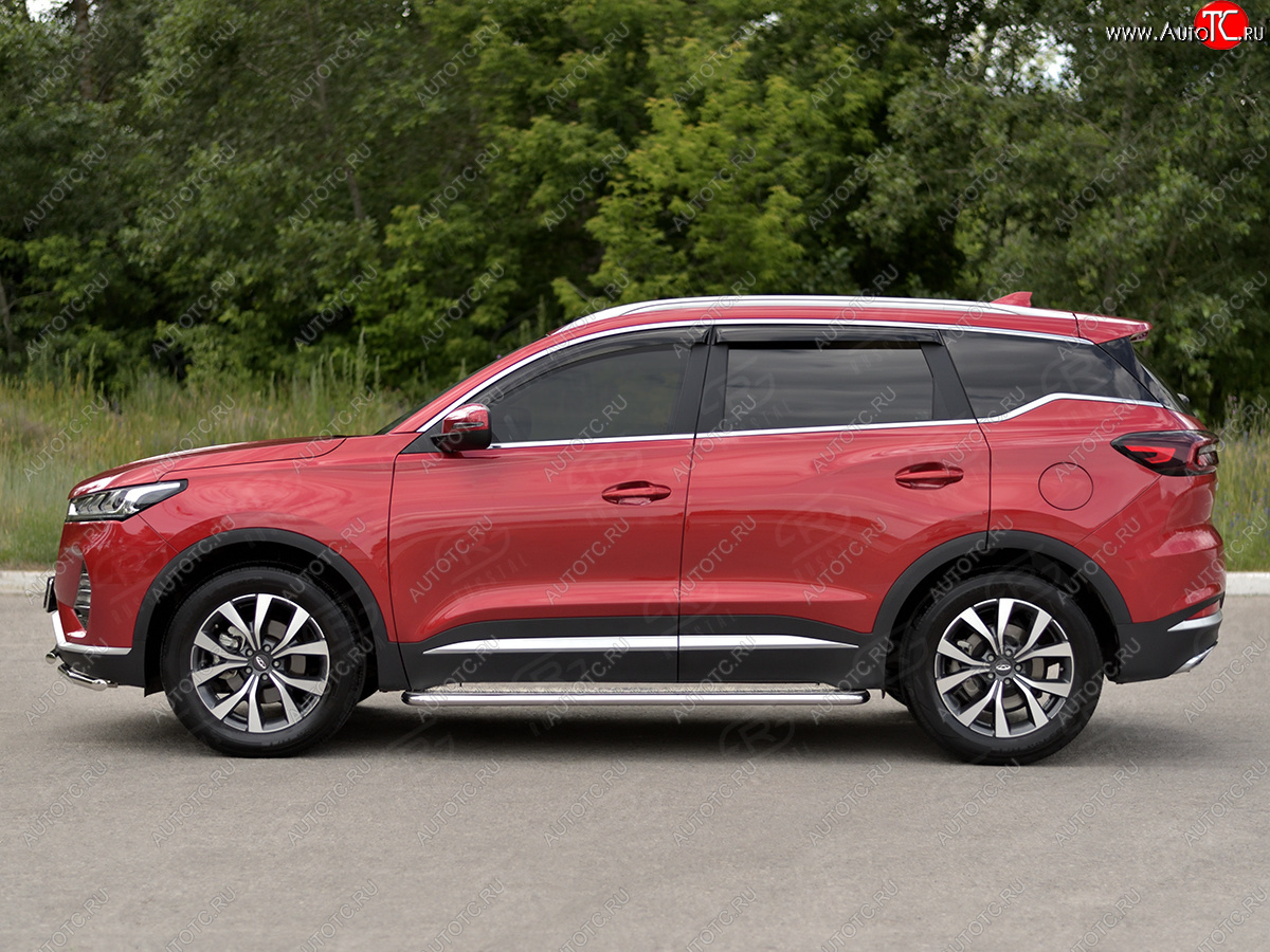 22 999 р. Порожки для ног SLITKOFF (Ø42 мм, с алюминиевым листом)  Chery Tiggo 7 PRO (2019-2025) (Профиль - нержавейка, лист - алюминий)  с доставкой в г. Керчь