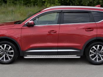 21 999 р. Порожки для ног SLITKOFF (Ø42 мм) Chery Tiggo 7 PRO (2019-2025) (профиль - сталь окрашенная, лист - алюминий)  с доставкой в г. Керчь. Увеличить фотографию 2