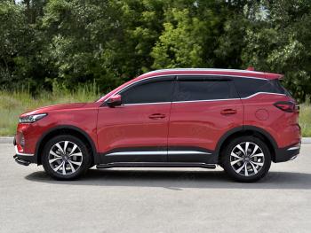10 599 р. Защита порогов (Ø63 мм, с полимерным покрытием) SLITKOFF Chery Tiggo 7 PRO (2019-2025) (круглые торцы, черный)  с доставкой в г. Керчь. Увеличить фотографию 3