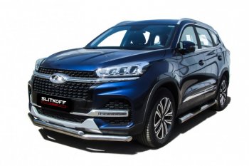 Защита переднего бампера Slitkoff (Ø 57+Ø 42). Chery Tiggo 8  (T18) (2019-2025) рестайлинг (Полированная нержавейка)