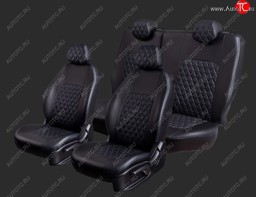 7 199 р. Чехлы для сидений Lord Autofashion Турин Ромб (Экокожа, раздельные спинка и сиденье 50/50, 2 П-образных подголовника)  Chery Tiggo T11 (2005-2013) дорестайлинг (Черный, вставка черная, строчка синяя)  с доставкой в г. Керчь
