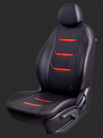 Чехлы для сидений Lord Autofashion Турин 2 (экокожа, спинка 60/40, 2 Г-образных подголовника) Chevrolet Aveo  T300 (2011-2015) седан, хэтчбек (Черный/Черный/Красный/Красный)
