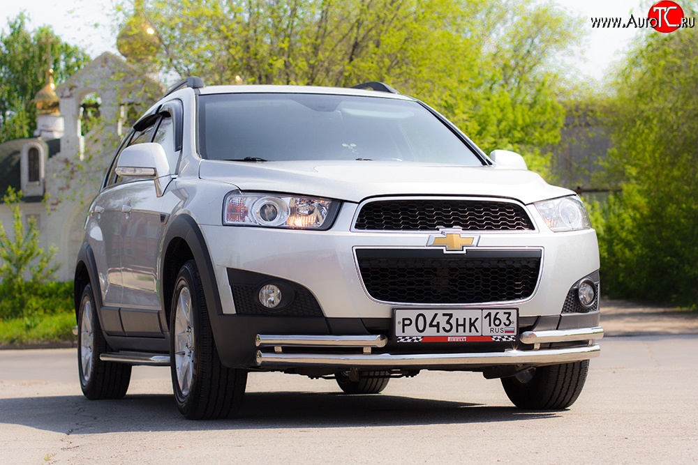 3 879 р. Двойная защита переднего бампера из труб диаметром 63 и 51 мм Petroil Tuning  Chevrolet Captiva (2011-2013) 1-ый рестайлинг (Нержавейка)  с доставкой в г. Керчь