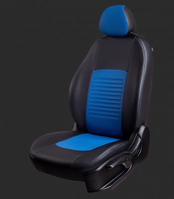 Чехлы для сидений Lord Autofashion Турин (экокожа, спинка 60/40, 2 Г-образных подголовника) Chevrolet Cobalt (2011-2023), Ravon R4 (2016-2020) (Черный, вставка синяя)