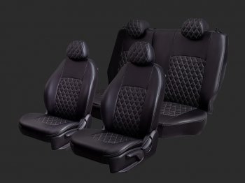 Чехлы для сидений Lord Autofashion Турин Ромб (экокожа, спинка 60/40, 2 Г-образных подголовника) Chevrolet Cobalt (2011-2023), Ravon R4 (2016-2020) (Черный, вставка черная, строчка серая)