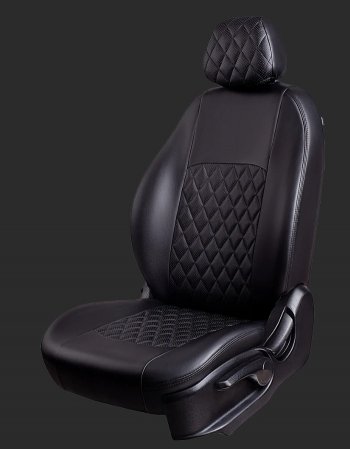 Чехлы для сидений Lord Autofashion Турин Ромб (экокожа, спинка 60/40, 2 Г-образных подголовника) Chevrolet Cobalt (2011-2023), Ravon R4 (2016-2020) (Черный, вставка черная, строчка черная)