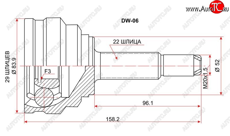 1 639 р. Шрус (наружный) SAT (сальник 52 мм, шлицев 29/22)  Chevrolet Lanos ( T100,  T150,  седан) (1997-2017), Daewoo Nexia ( дорестайлинг,  рестайлинг) (1995-2015), Daewoo Sense  Т100 (1997-2008), ЗАЗ Chance ( седан,  хэтчбэк) (2009-2017), ЗАЗ Sens ( седан,  хэтчбэк) (2007-2017)  с доставкой в г. Керчь