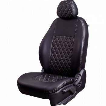 Чехлы для сидений Lord Autofashion Турин Ромб (экокожа, спинка и сиденье 60/40, 3 Г-образных подголовника) Datsun on-DO (2019-2021) седан рестайлинг (Черный, вставка черная, строчка бежевая)