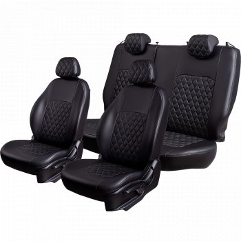 Чехлы для сидений Lord Autofashion Турин Ромб (экокожа, спинка и сиденье 60/40, 3 Г-образных подголовника) Datsun on-DO (2019-2021) седан рестайлинг (Черный, вставка черная, строчка черная)