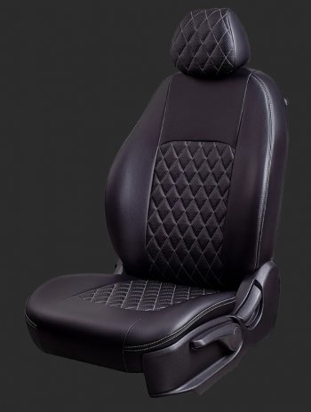 Чехлы для сидений Lord Autofashion Турин Ромб (экокожа, спинка и сиденье 60/40, 3 Г-образных подголовника) Datsun on-DO (2014-2019) седан дорестайлинг (Черный, вставка черная, строчка серая)