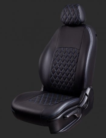 Чехлы для сидений Lord Autofashion Турин Ромб (экокожа, спинка и сиденье 60/40, 3 Г-образных подголовника) Datsun on-DO (2014-2019) седан дорестайлинг (Черный, вставка черная, строчка синяя)