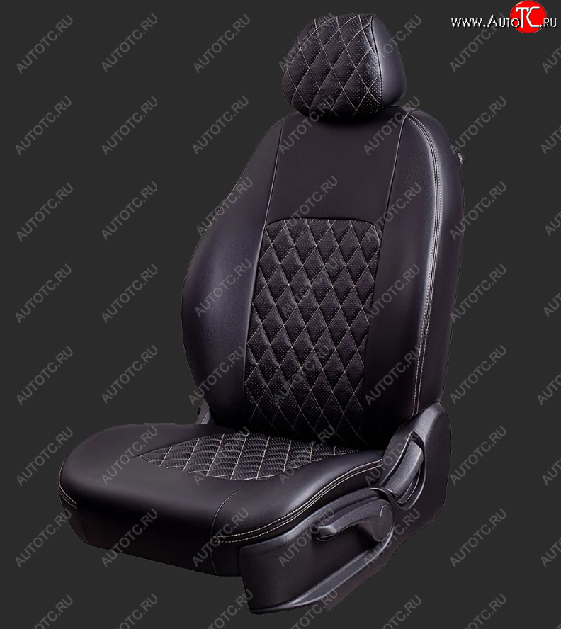 9 449 р. Чехлы для сидений Lord Autofashion Турин Ромб (экокожа, спинка и сиденье 60/40, 3 Г-образных подголовника) Ford EcoSport дорестайлинг (2013-2019) (Черный, вставка черная, строчка бежевая)  с доставкой в г. Керчь