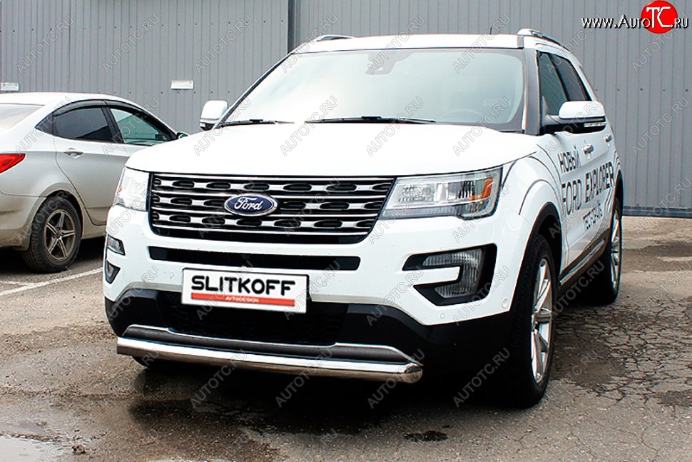 16 749 р. Защита переднего бампера Slitkoff (d76 мм)  Ford Explorer  U502 (2015-2018) 1-ый рестайлинг, 5 дв. (Нержавейка, Полированная)  с доставкой в г. Керчь