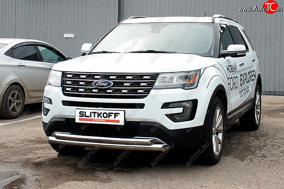 19 449 р. Защита переднего бампера Slitkoff (двойная, d76/57 мм)  Ford Explorer  U502 (2015-2018) 1-ый рестайлинг, 5 дв. (Нержавейка, Полированная)  с доставкой в г. Керчь