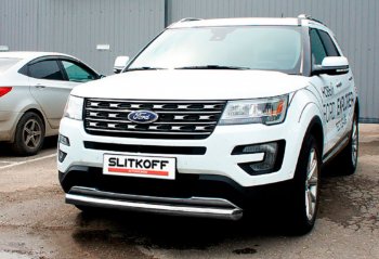 Защита переднего бампера Slitkoff (Ø 76 мм). Ford Explorer  U502 (2015-2018) 1-ый рестайлинг, 5 дв. (Цвет: серебристый)
