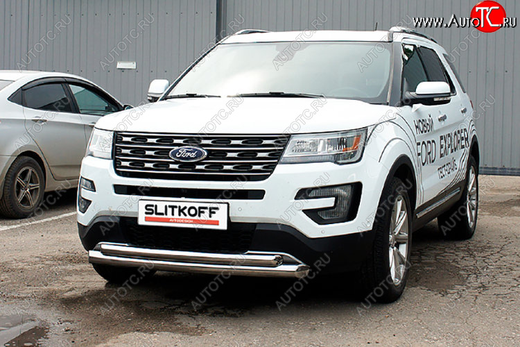 13 599 р. Защита переднего бампера Slitkoff (Ø 76+Ø 57).  Ford Explorer  U502 (2015-2018) 1-ый рестайлинг, 5 дв. (Цвет: серебристый)  с доставкой в г. Керчь