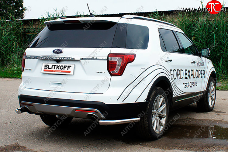 10 999 р. Защита заднего бампера Slitkoff (Ø 57 мм, уголки)  Ford Explorer  U502 (2015-2018) 1-ый рестайлинг, 5 дв. (Полированная нержавейка)  с доставкой в г. Керчь