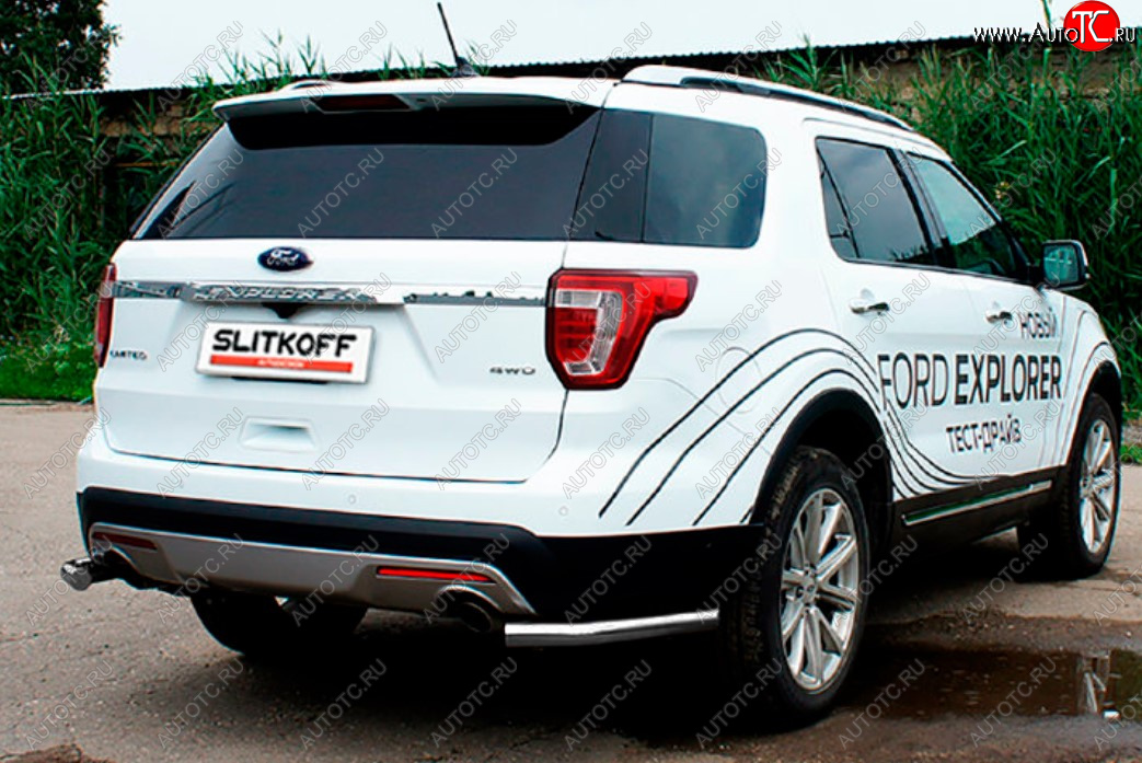 7 749 р. Защита заднего бампера Slitkoff (Ø 57 мм, уголки)  Ford Explorer  U502 (2015-2018) 1-ый рестайлинг, 5 дв. (Цвет: серебристый)  с доставкой в г. Керчь