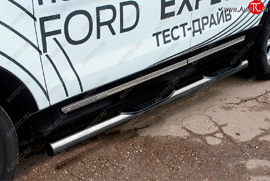 16 949 р. Защита порогов Slitkoff (Ø 76 мм, с проступями)  Ford Explorer  U502 (2015-2018) 1-ый рестайлинг, 5 дв. (Цвет: серебристый)  с доставкой в г. Керчь