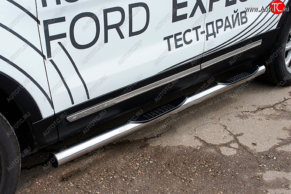 23 999 р. Защита порогов Slitkoff (d76, с проступями)  Ford Explorer  U502 (2017-2019) 2-ой рестайлинг, 5 дв. (Нержавейка, Полированная)  с доставкой в г. Керчь