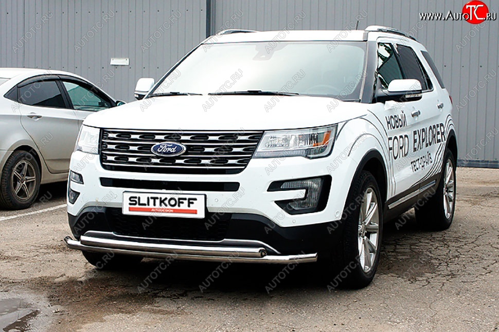 16 899 р. Защита переднего бампера Slitkoff (двойная, d57/57 мм)  Ford Explorer  U502 (2017-2019) 2-ой рестайлинг, 5 дв. (Нержавейка, Полированная)  с доставкой в г. Керчь